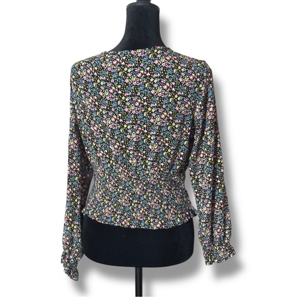 Paper Crane Black with Vibrant Pink and Yellow Floral Long Sleeve Wrap Blouse - Picture 4 of 16